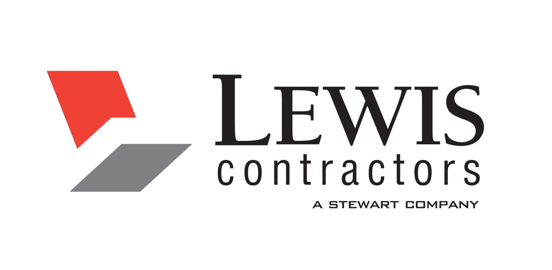 Logo of Lewis Contractors, featuring a red and gray geometric design to the left of the text, which reads "LEWIS contractors, A STEWART COMPANY" on a white background.